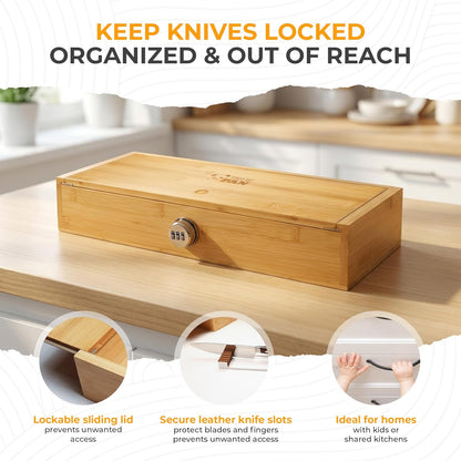 Kid Safe In-Drawer Bamboo Box, for Chef Knives or Steak Knives, with newly invented Beautiful Leather Holders. Only 5.5 Inches Wide. Best Knife Block Alternative!