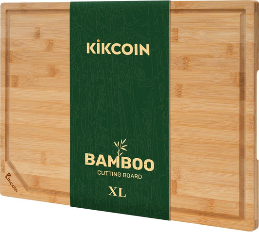 17"×11" Bamboo Cutting Boards for Kitchen, Knife-Friendly Food Grade Wooden Cutting Boards for Kitchen, Charcuterie, Extra Large Chopping Boards with Deep Juice Groove, Reversible, Natural
