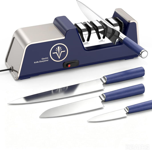 Professional Electric Knife Sharpener 3-Stage, Noble Blue & Noble Gold | 100% Diamond Abrasives, Precision Angle Guides, Kitchen Straight Edge & Ceramic Knife