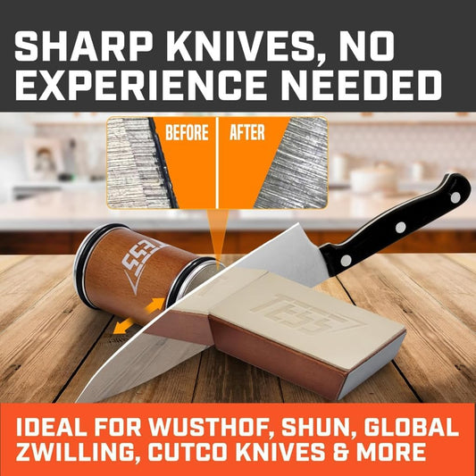 Rolling Knife Sharpener Kit – Diamond & Ceramic Discs, 15° & 20° Magnetic Angle Holder & Built-In Leather Strop – Kitchen & Chef Knife Sharpening Tool in Beech Wood, Razor-Sharp Edge in Minutes