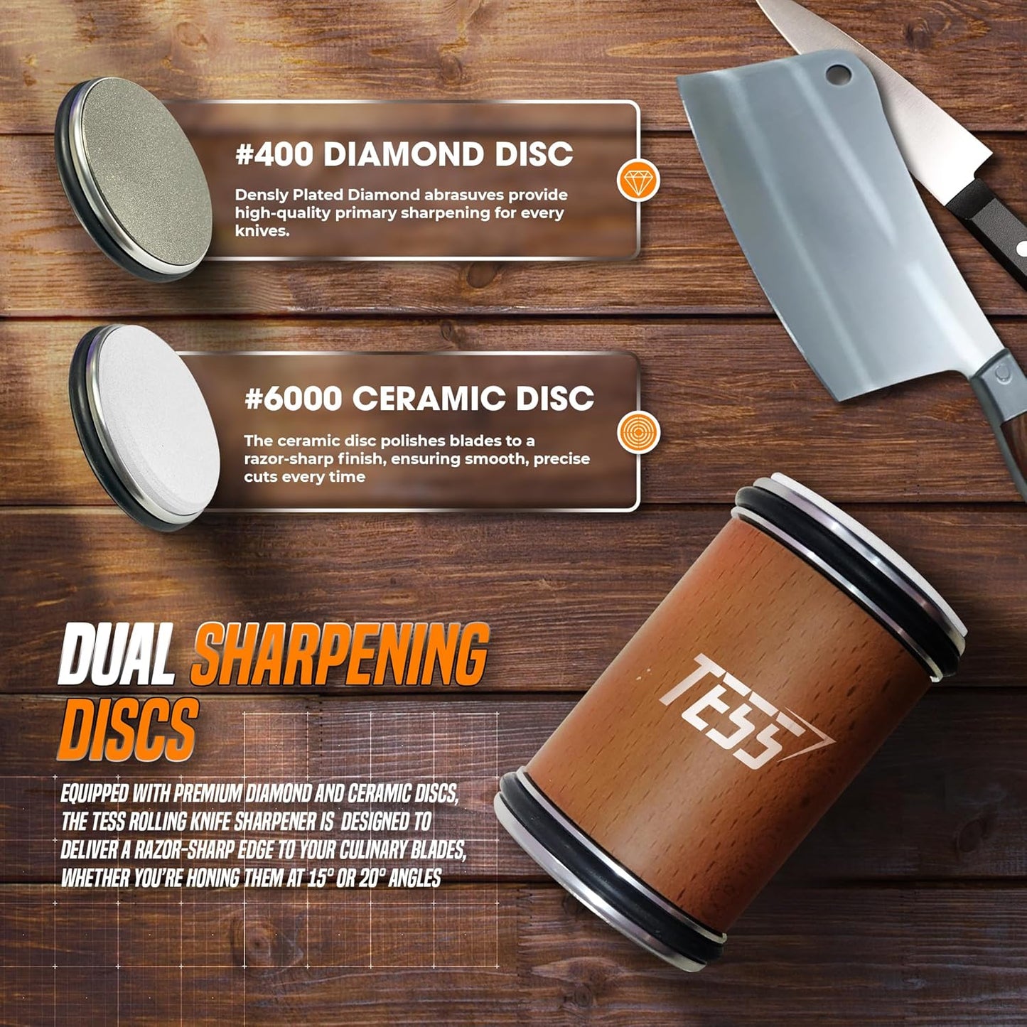 Rolling Knife Sharpener Kit – Diamond & Ceramic Discs, 15° & 20° Magnetic Angle Holder & Built-In Leather Strop – Kitchen & Chef Knife Sharpening Tool in Beech Wood, Razor-Sharp Edge in Minutes