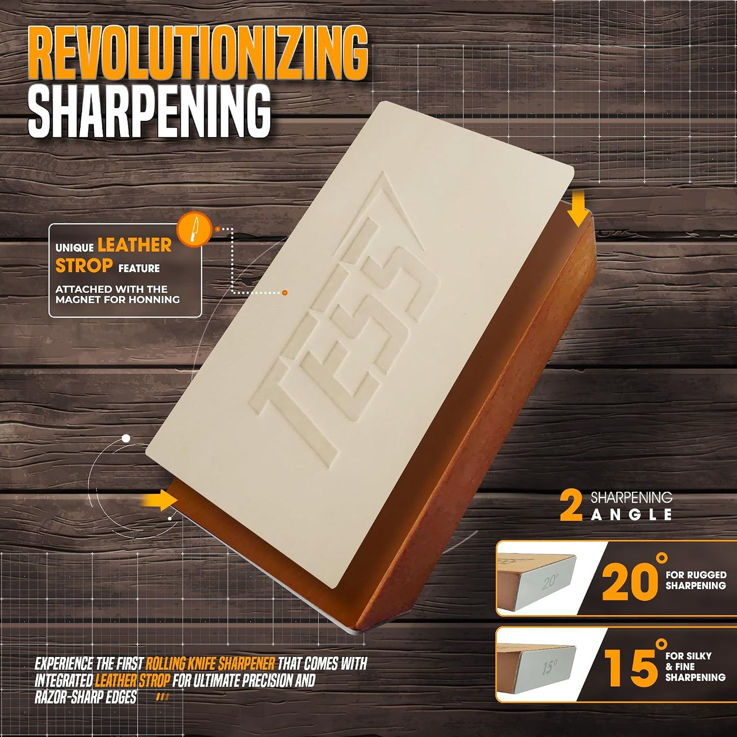 Rolling Knife Sharpener Kit – Diamond & Ceramic Discs, 15° & 20° Magnetic Angle Holder & Built-In Leather Strop – Kitchen & Chef Knife Sharpening Tool in Beech Wood, Razor-Sharp Edge in Minutes