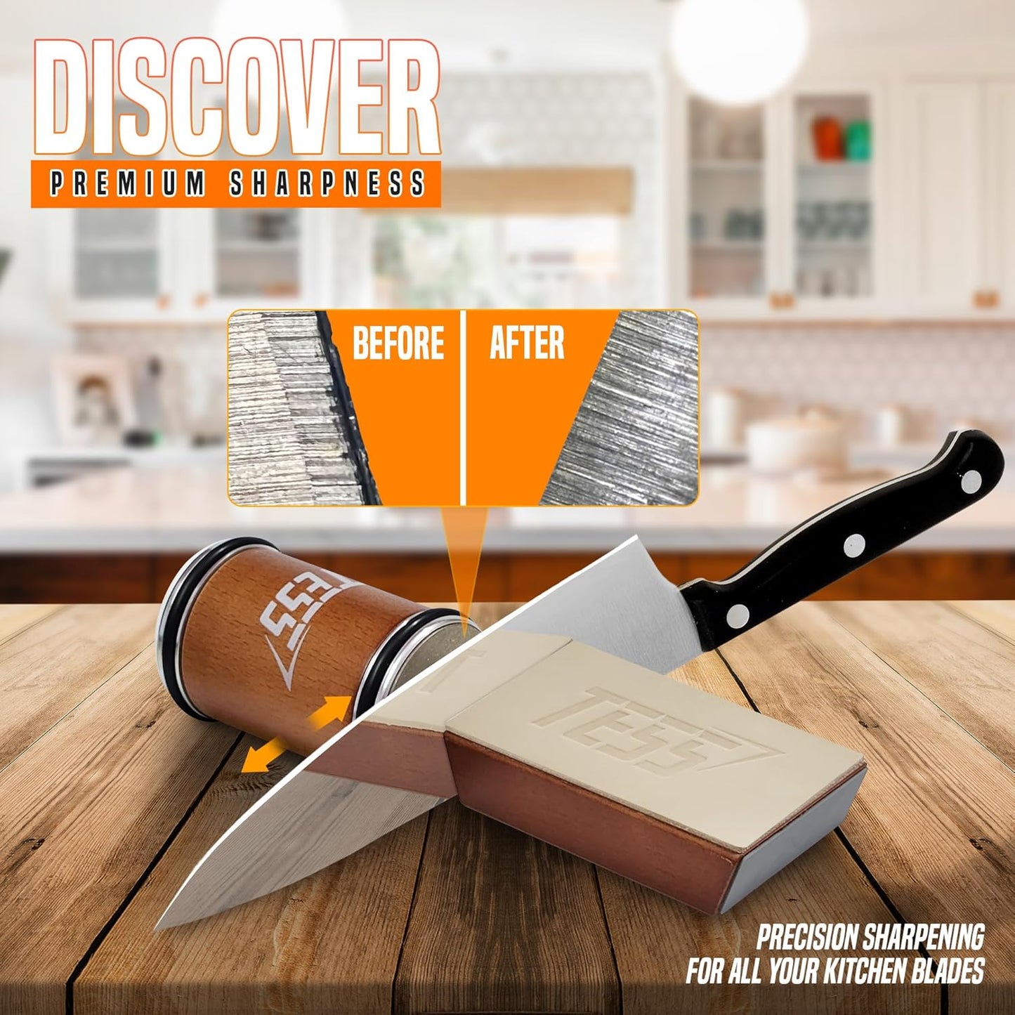 Rolling Knife Sharpener Kit – Diamond & Ceramic Discs, 15° & 20° Magnetic Angle Holder & Built-In Leather Strop – Kitchen & Chef Knife Sharpening Tool in Beech Wood, Razor-Sharp Edge in Minutes