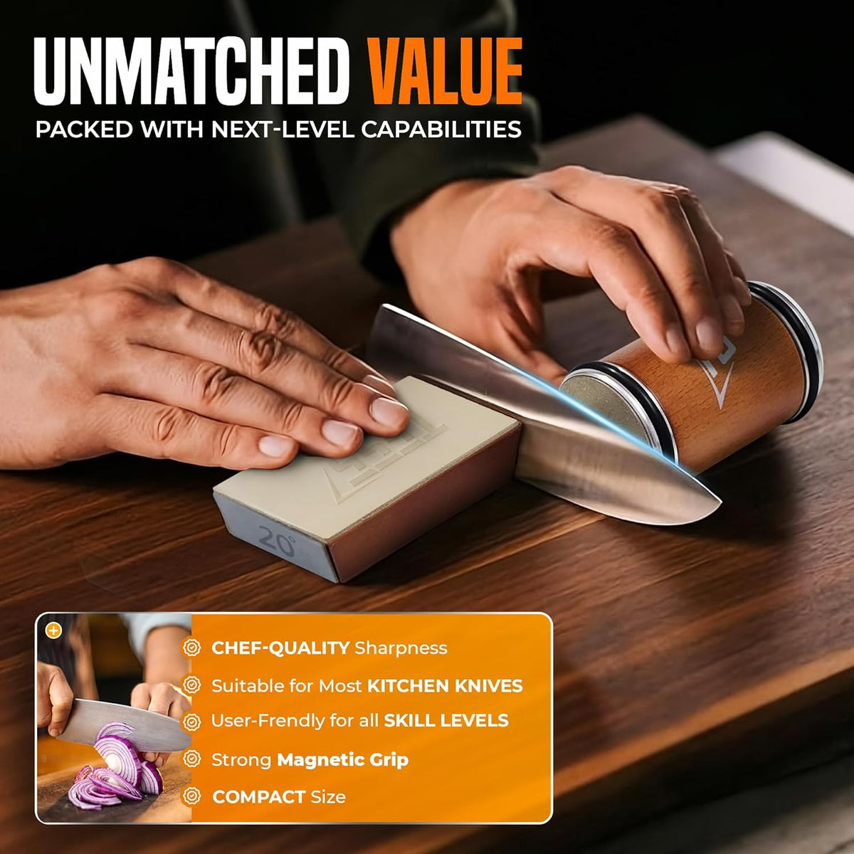 Rolling Knife Sharpener Kit – Diamond & Ceramic Discs, 15° & 20° Magnetic Angle Holder & Built-In Leather Strop – Kitchen & Chef Knife Sharpening Tool in Beech Wood, Razor-Sharp Edge in Minutes