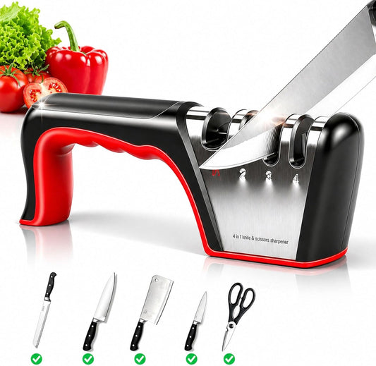 4-in-1 Knife Sharpener with Handle, Manual Kitchen Knife & Scissors Sharpener, 3-Stage Edge Tool for Steel Blades (Red)