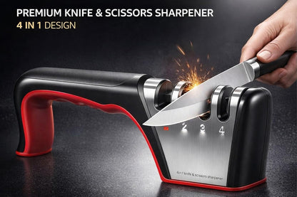 4-in-1 Knife Sharpener with Handle, Manual Kitchen Knife & Scissors Sharpener, 3-Stage Edge Tool for Steel Blades (Red)