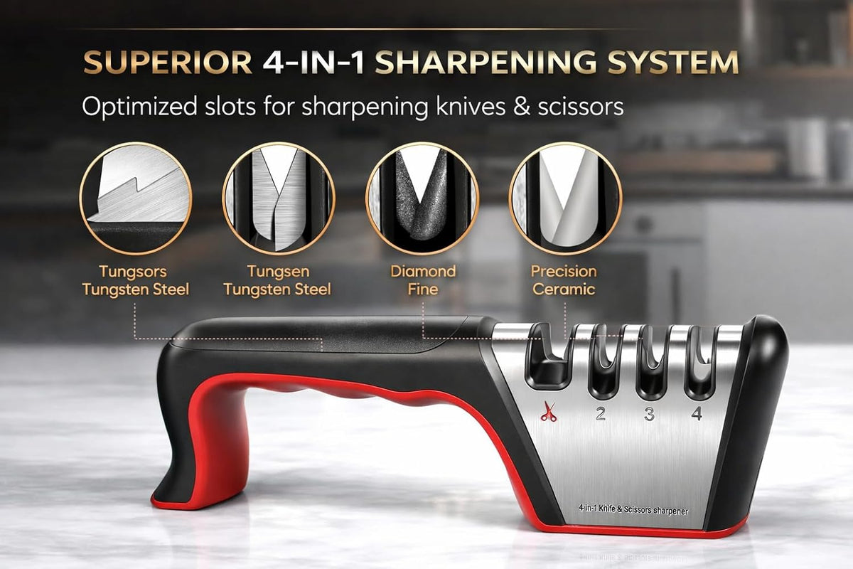 4-in-1 Knife Sharpener with Handle, Manual Kitchen Knife & Scissors Sharpener, 3-Stage Edge Tool for Steel Blades (Red)