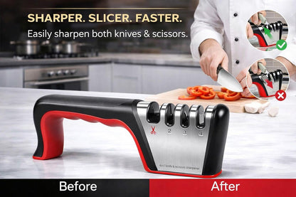 4-in-1 Knife Sharpener with Handle, Manual Kitchen Knife & Scissors Sharpener, 3-Stage Edge Tool for Steel Blades (Red)