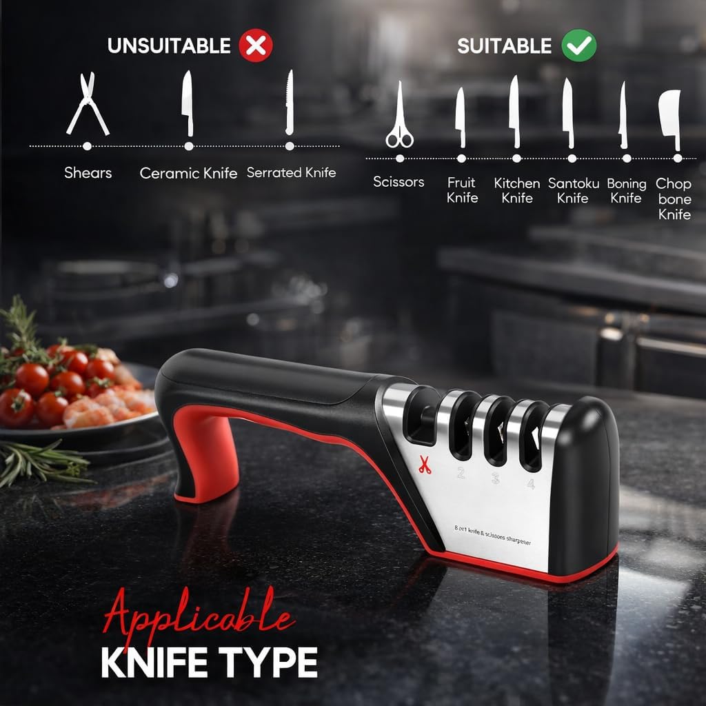 4-in-1 Knife Sharpener with Handle, Manual Kitchen Knife & Scissors Sharpener, 3-Stage Edge Tool for Steel Blades (Red)