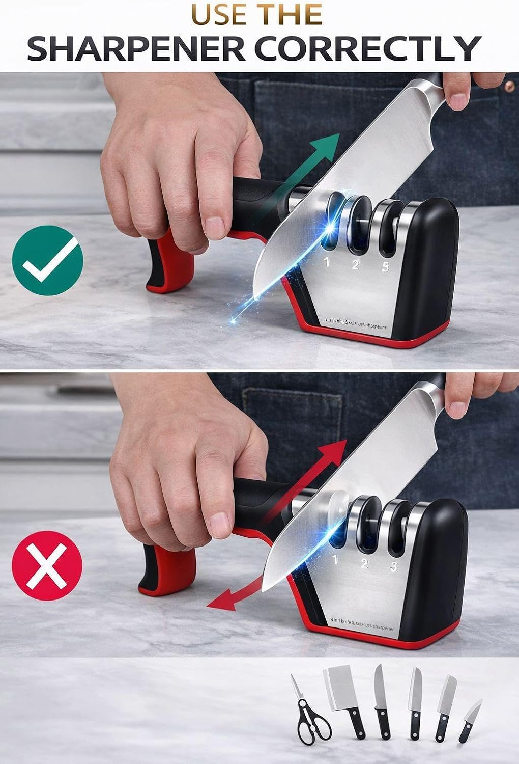4-in-1 Knife Sharpener with Handle, Manual Kitchen Knife & Scissors Sharpener, 3-Stage Edge Tool for Steel Blades (Red)
