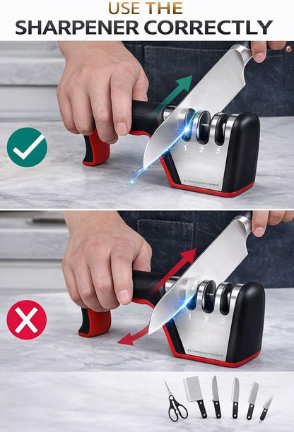 4-in-1 Knife Sharpener with Handle, Manual Kitchen Knife & Scissors Sharpener, 3-Stage Edge Tool for Steel Blades (Red)