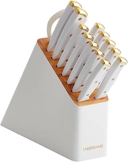 15-Piece Knife Block Set, High-Carbon Stainless Steel Kitchen Knife Set with Triple Rivet Gold Endcap Handles and Slim Wood Block, White