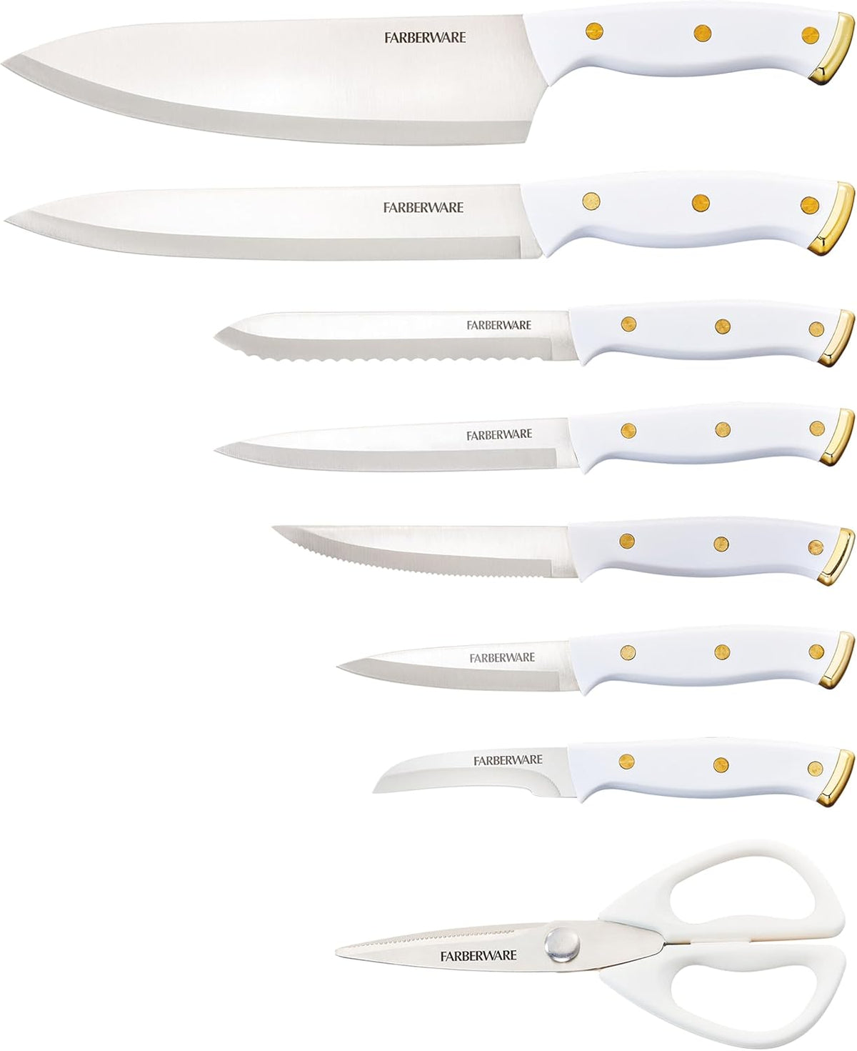 15-Piece Knife Block Set, High-Carbon Stainless Steel Kitchen Knife Set with Triple Rivet Gold Endcap Handles and Slim Wood Block, White