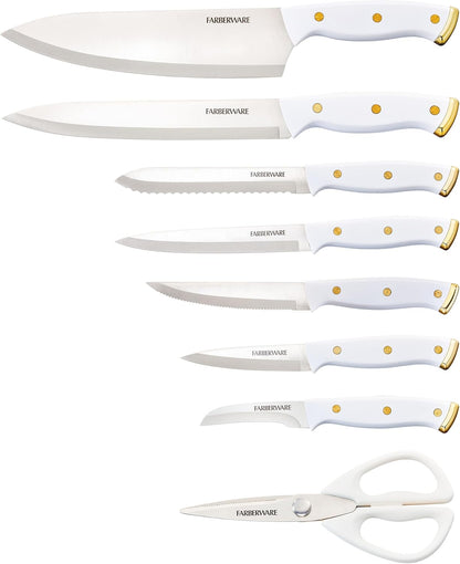 15-Piece Knife Block Set, High-Carbon Stainless Steel Kitchen Knife Set with Triple Rivet Gold Endcap Handles and Slim Wood Block, White