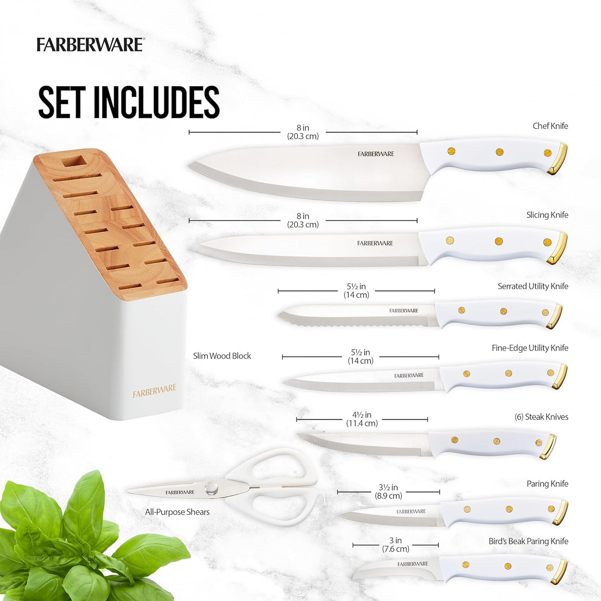 15-Piece Knife Block Set, High-Carbon Stainless Steel Kitchen Knife Set with Triple Rivet Gold Endcap Handles and Slim Wood Block, White