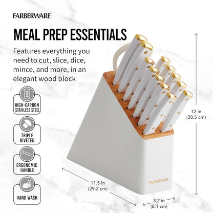 15-Piece Knife Block Set, High-Carbon Stainless Steel Kitchen Knife Set with Triple Rivet Gold Endcap Handles and Slim Wood Block, White