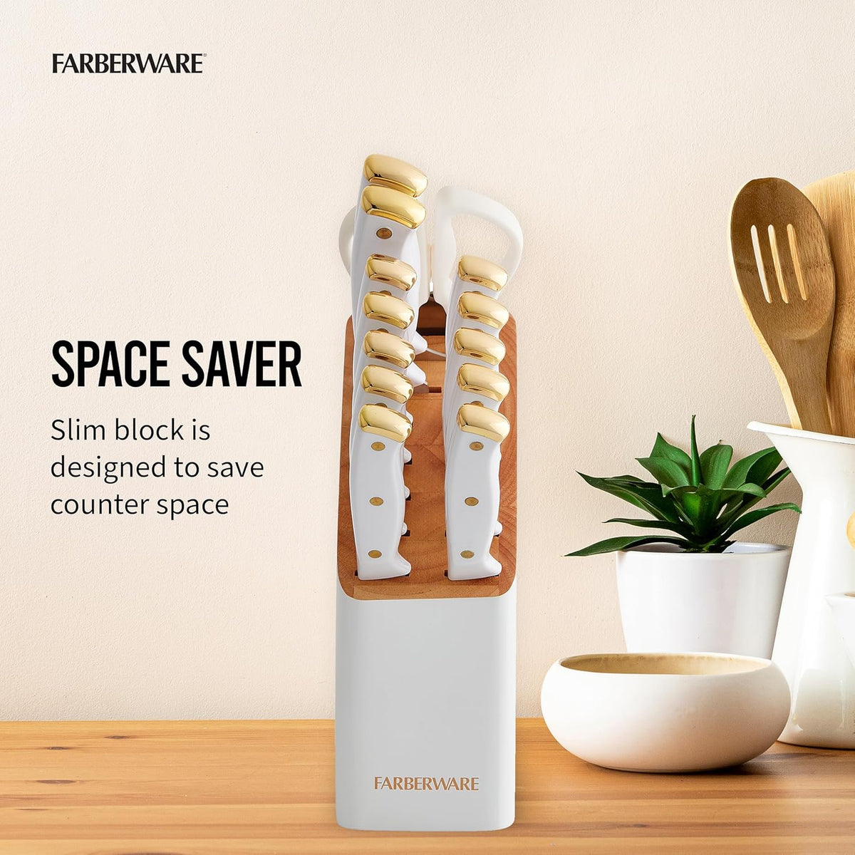 15-Piece Knife Block Set, High-Carbon Stainless Steel Kitchen Knife Set with Triple Rivet Gold Endcap Handles and Slim Wood Block, White