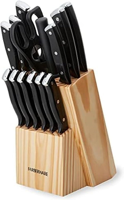 15-Piece Knife Block Set, High-Carbon Stainless Steel Kitchen Knife Set with Triple Rivet Gold Endcap Handles and Slim Wood Block, White