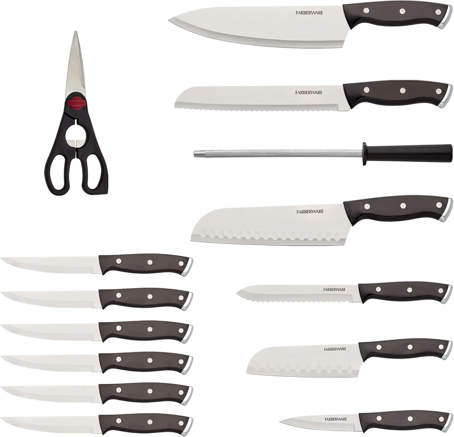 15-Piece Knife Block Set, High-Carbon Stainless Steel Kitchen Knife Set with Triple Rivet Gold Endcap Handles and Slim Wood Block, White