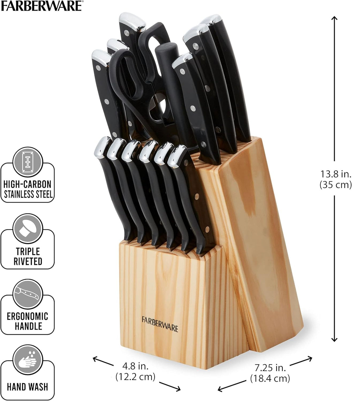 15-Piece Knife Block Set, High-Carbon Stainless Steel Kitchen Knife Set with Triple Rivet Gold Endcap Handles and Slim Wood Block, White