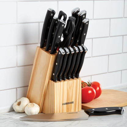 15-Piece Knife Block Set, High-Carbon Stainless Steel Kitchen Knife Set with Triple Rivet Gold Endcap Handles and Slim Wood Block, White