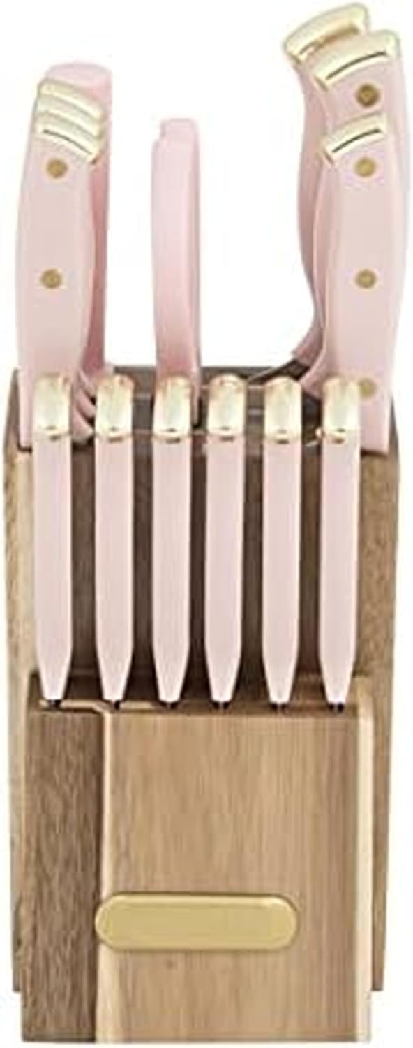 15-Piece Knife Block Set, High-Carbon Stainless Steel Kitchen Knife Set with Triple Rivet Gold Endcap Handles and Slim Wood Block, White