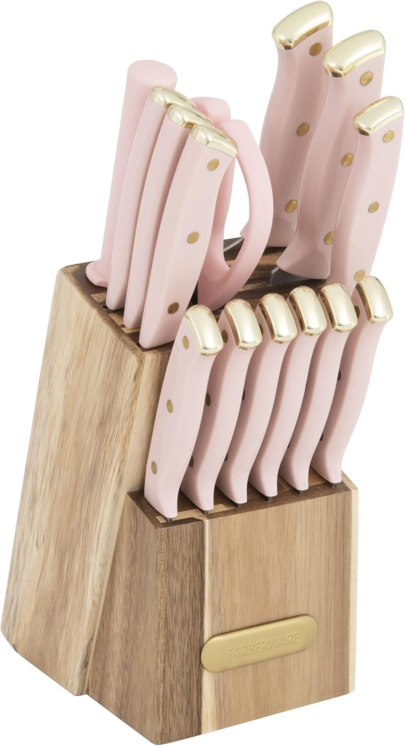 15-Piece Knife Block Set, High-Carbon Stainless Steel Kitchen Knife Set with Triple Rivet Gold Endcap Handles and Slim Wood Block, White