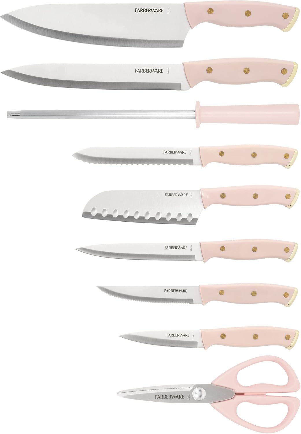 15-Piece Knife Block Set, High-Carbon Stainless Steel Kitchen Knife Set with Triple Rivet Gold Endcap Handles and Slim Wood Block, White