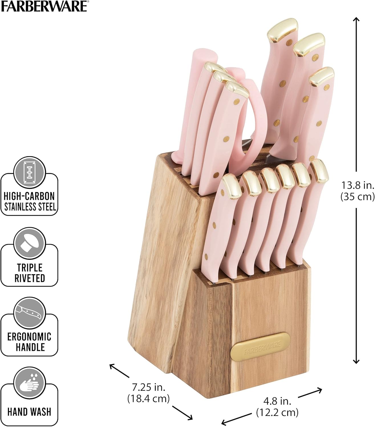 15-Piece Knife Block Set, High-Carbon Stainless Steel Kitchen Knife Set with Triple Rivet Gold Endcap Handles and Slim Wood Block, White