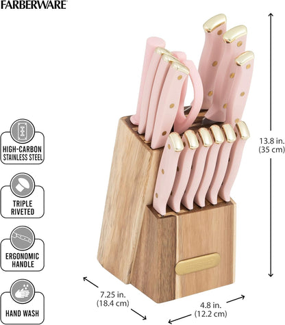 15-Piece Knife Block Set, High-Carbon Stainless Steel Kitchen Knife Set with Triple Rivet Gold Endcap Handles and Slim Wood Block, White