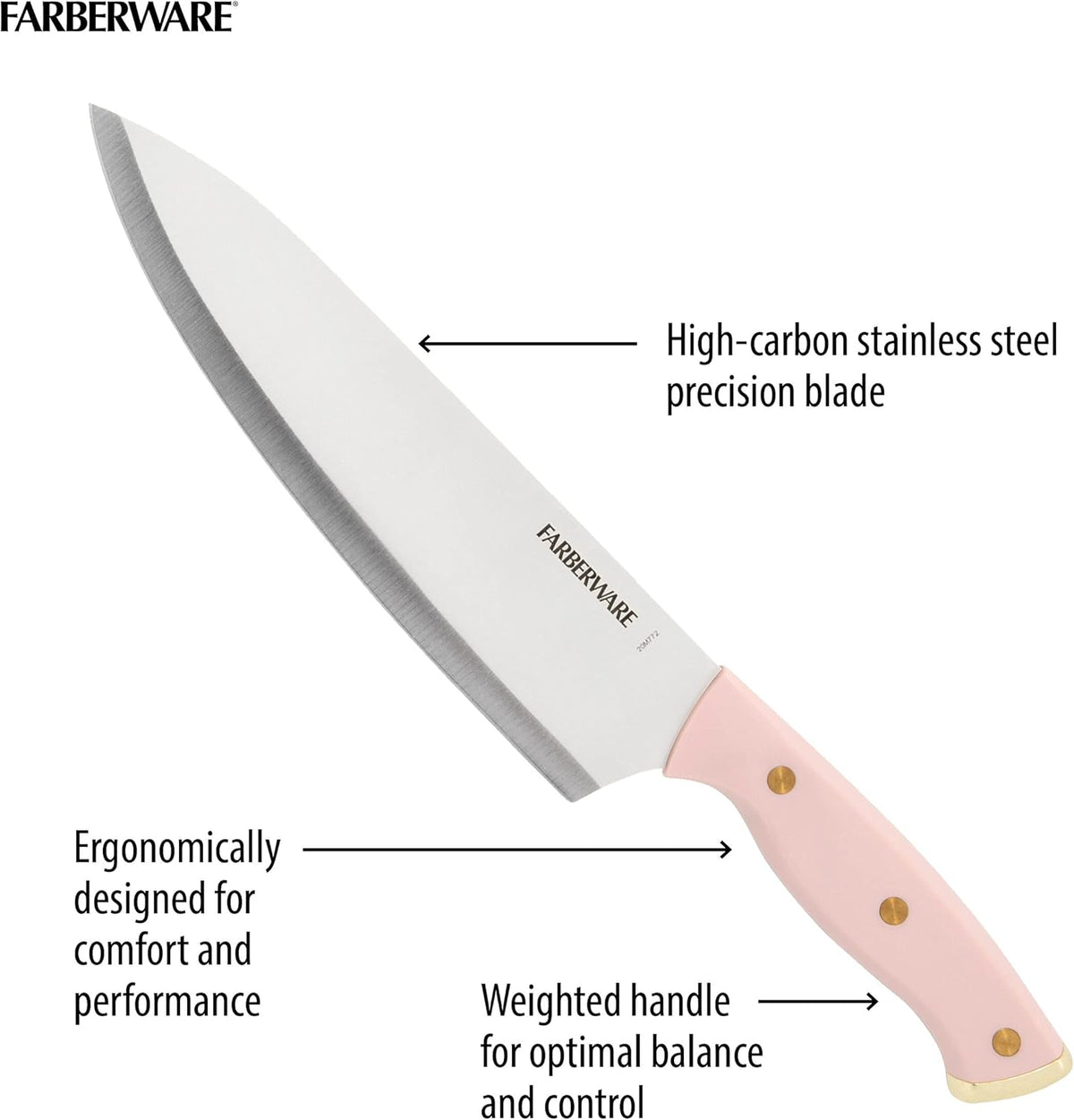 15-Piece Knife Block Set, High-Carbon Stainless Steel Kitchen Knife Set with Triple Rivet Gold Endcap Handles and Slim Wood Block, White