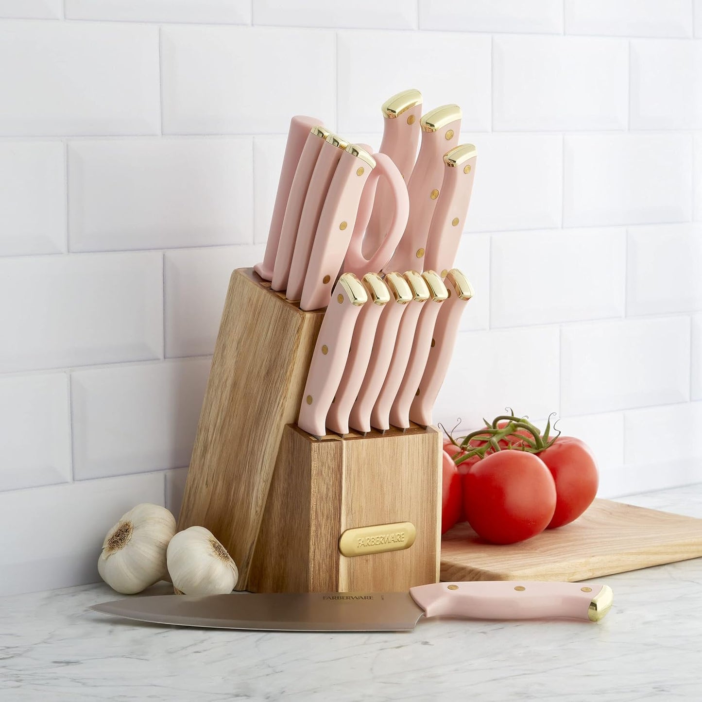 15-Piece Knife Block Set, High-Carbon Stainless Steel Kitchen Knife Set with Triple Rivet Gold Endcap Handles and Slim Wood Block, White