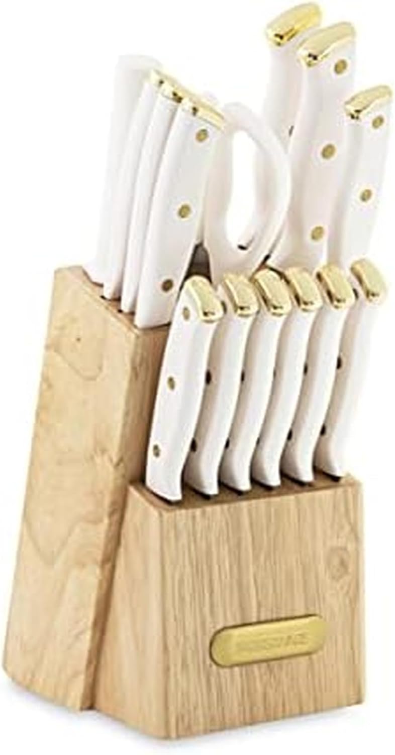 15-Piece Knife Block Set, High-Carbon Stainless Steel Kitchen Knife Set with Triple Rivet Gold Endcap Handles and Slim Wood Block, White