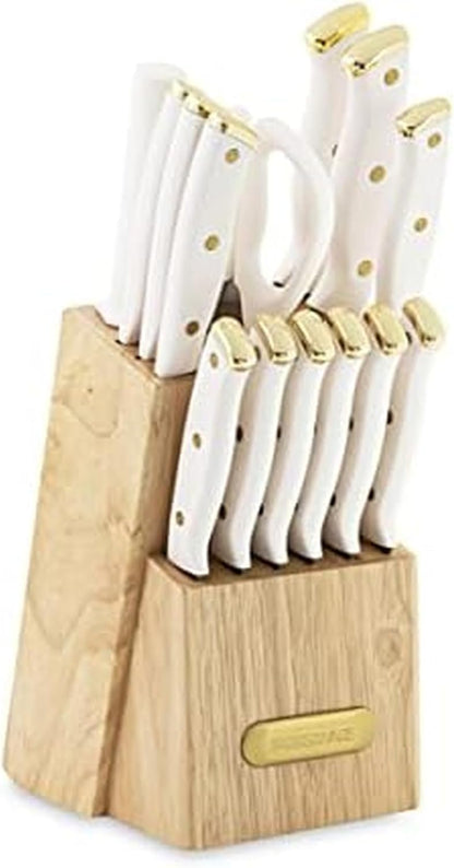15-Piece Knife Block Set, High-Carbon Stainless Steel Kitchen Knife Set with Triple Rivet Gold Endcap Handles and Slim Wood Block, White