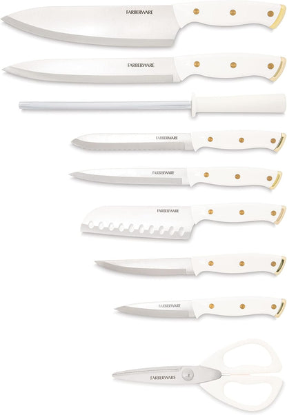 15-Piece Knife Block Set, High-Carbon Stainless Steel Kitchen Knife Set with Triple Rivet Gold Endcap Handles and Slim Wood Block, White