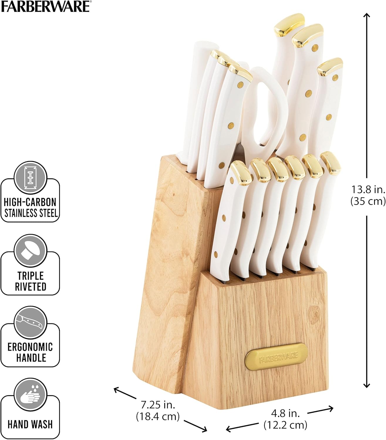 15-Piece Knife Block Set, High-Carbon Stainless Steel Kitchen Knife Set with Triple Rivet Gold Endcap Handles and Slim Wood Block, White