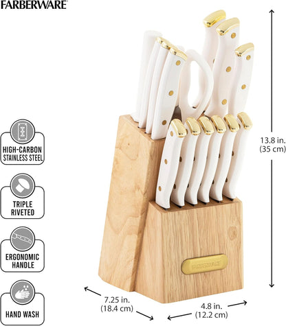 15-Piece Knife Block Set, High-Carbon Stainless Steel Kitchen Knife Set with Triple Rivet Gold Endcap Handles and Slim Wood Block, White