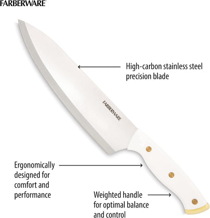 15-Piece Knife Block Set, High-Carbon Stainless Steel Kitchen Knife Set with Triple Rivet Gold Endcap Handles and Slim Wood Block, White