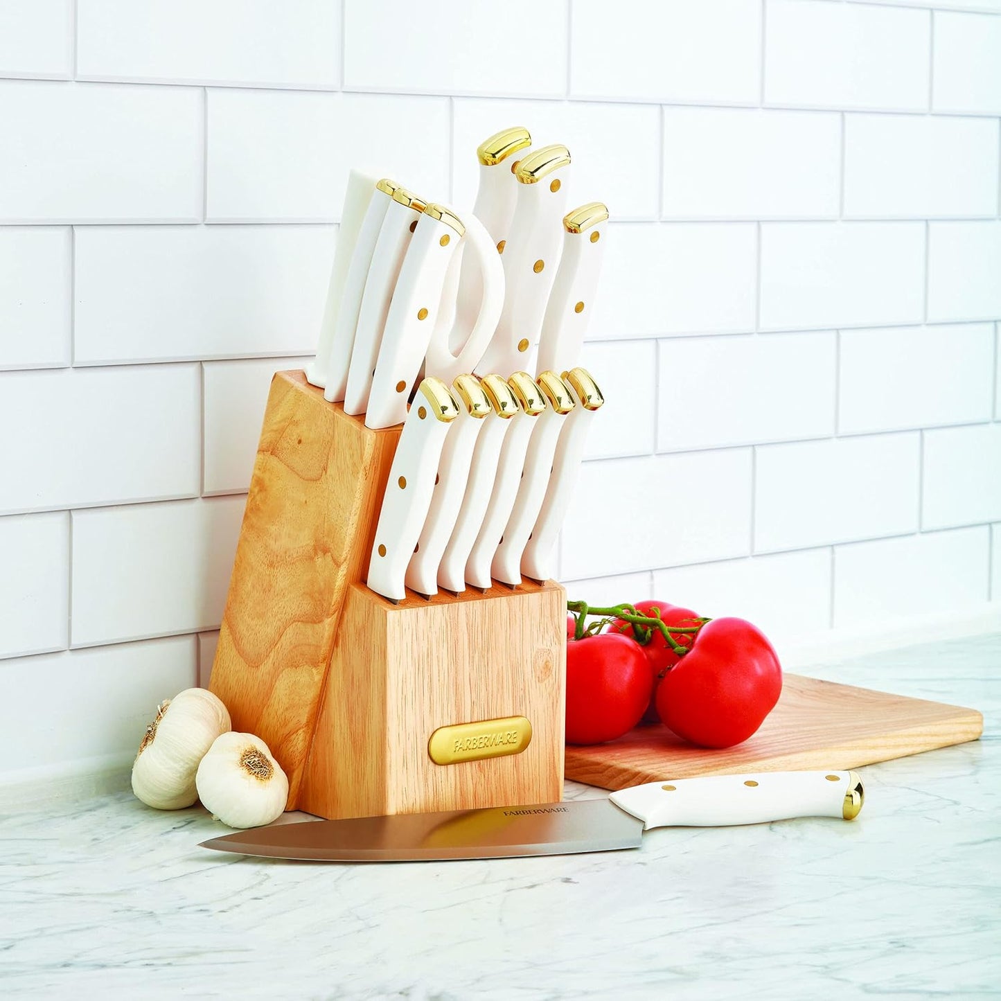15-Piece Knife Block Set, High-Carbon Stainless Steel Kitchen Knife Set with Triple Rivet Gold Endcap Handles and Slim Wood Block, White
