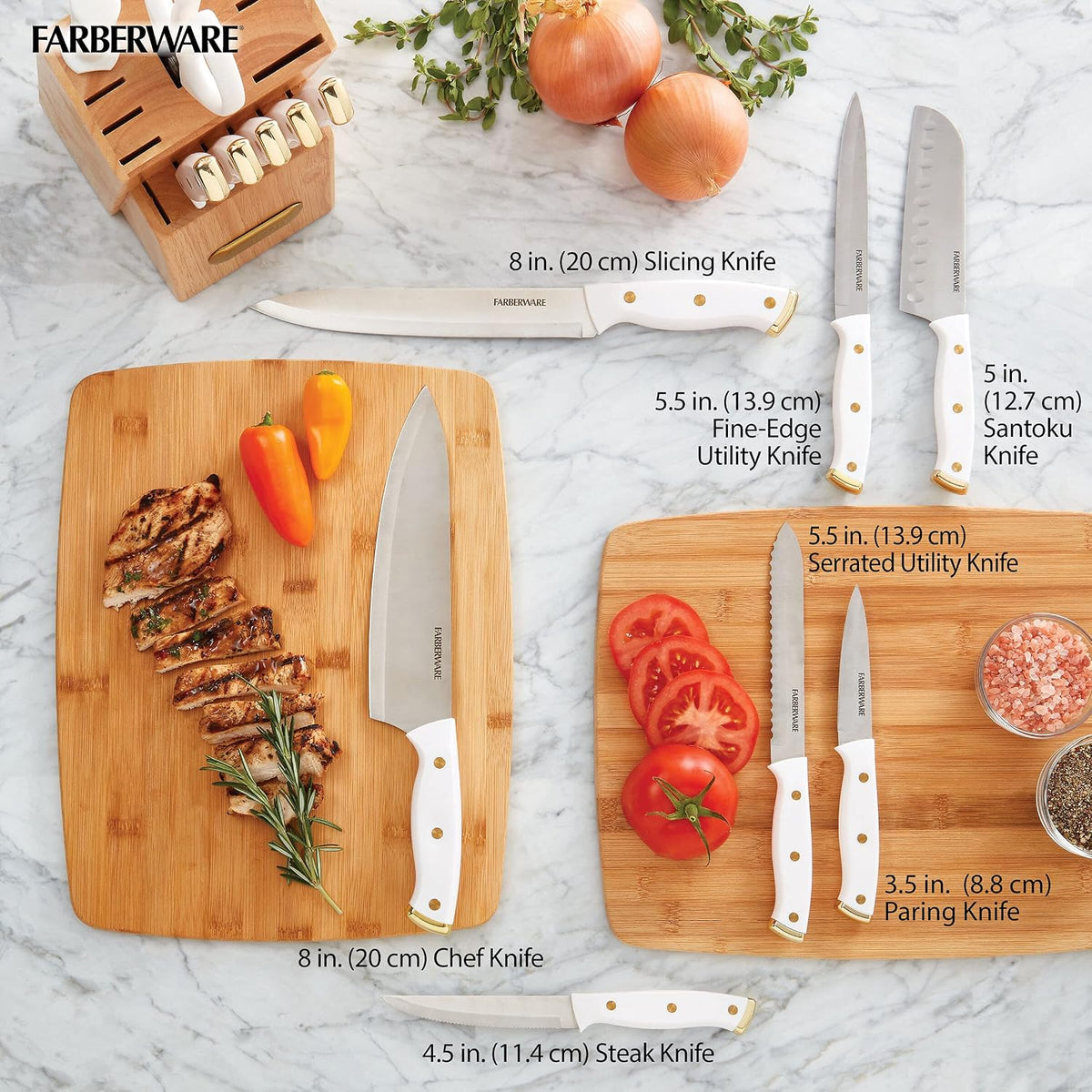 15-Piece Knife Block Set, High-Carbon Stainless Steel Kitchen Knife Set with Triple Rivet Gold Endcap Handles and Slim Wood Block, White