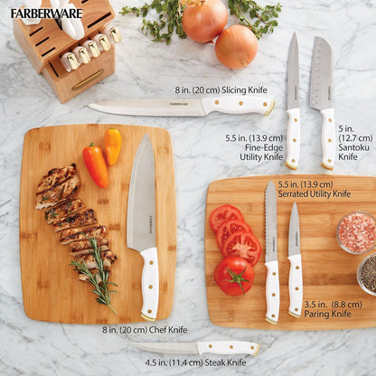 15-Piece Knife Block Set, High-Carbon Stainless Steel Kitchen Knife Set with Triple Rivet Gold Endcap Handles and Slim Wood Block, White