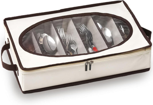 Silverware Organizer with Zipper Lid, 16.5"×10.6"×3.5" Flatware Storage Box with Adjustable Dividers and Handles, Portable Cutlery Holder Utensil Case for Spoon, Fork, Knife, 6 Compartment