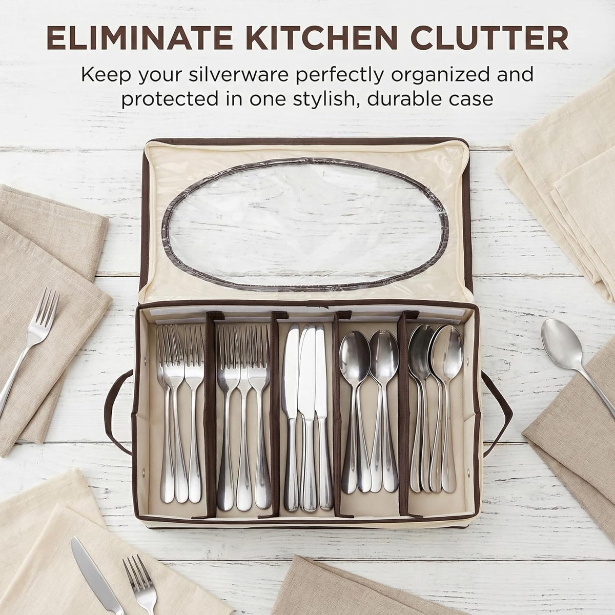 Silverware Organizer with Zipper Lid, 16.5"×10.6"×3.5" Flatware Storage Box with Adjustable Dividers and Handles, Portable Cutlery Holder Utensil Case for Spoon, Fork, Knife, 6 Compartment