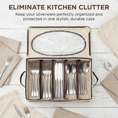 Silverware Organizer with Zipper Lid, 16.5"×10.6"×3.5" Flatware Storage Box with Adjustable Dividers and Handles, Portable Cutlery Holder Utensil Case for Spoon, Fork, Knife, 6 Compartment