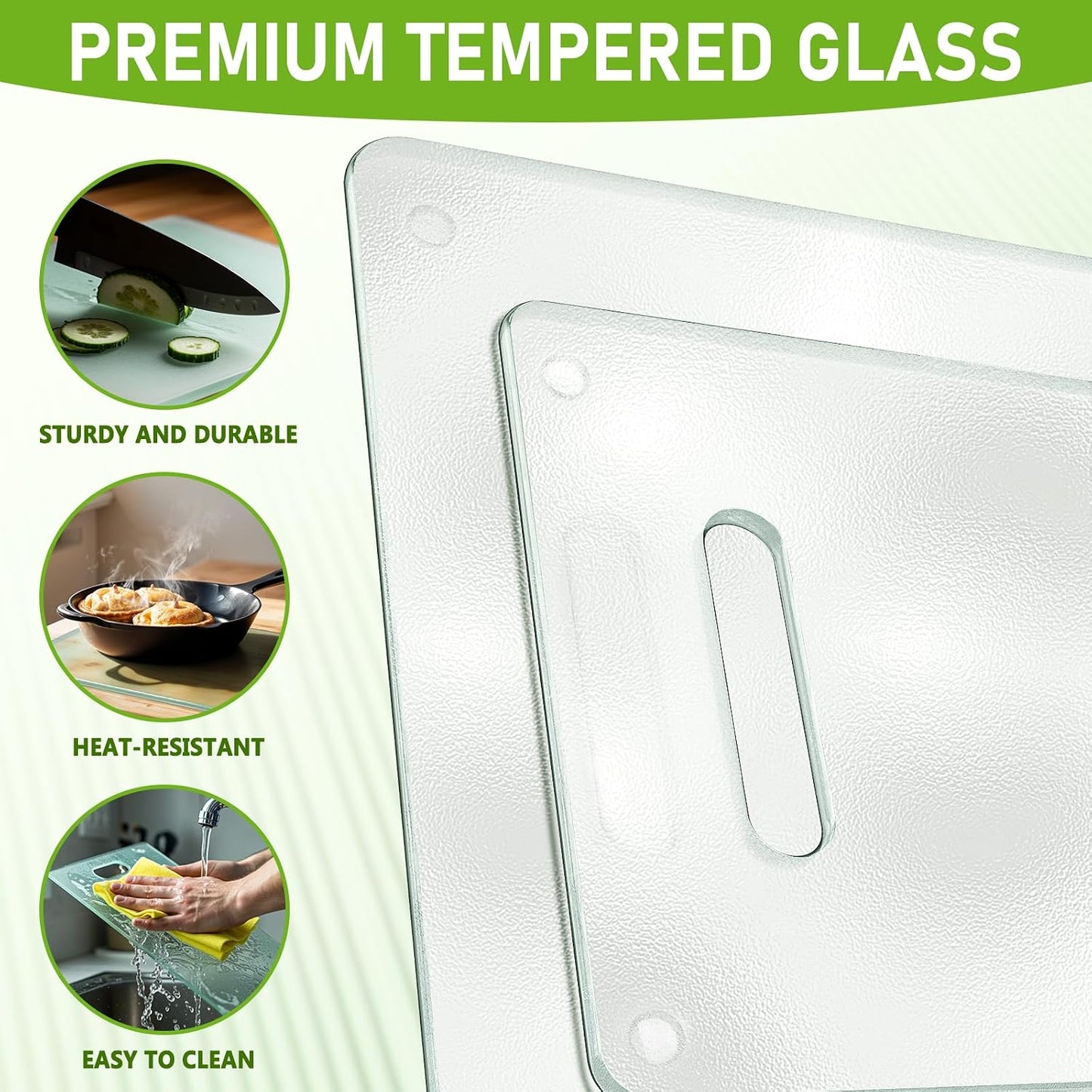 Tempered Glass Cutting Board for Kitchen, 2PCS Clear Chopping Board with Handle (16"x12" & 12"x8"), Plastic Free, Scratch Resistant, Heat Resistant, Dishwasher Safe, Non-toxic, Easy to Clean