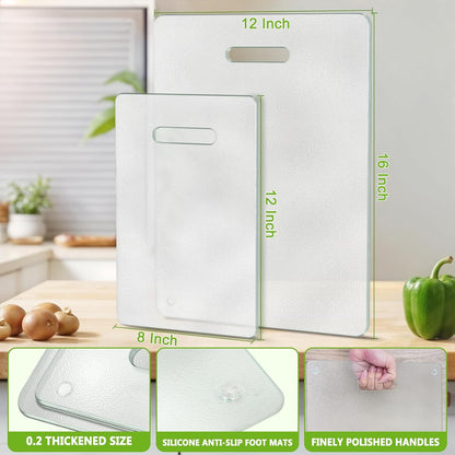 Tempered Glass Cutting Board for Kitchen, 2PCS Clear Chopping Board with Handle (16"x12" & 12"x8"), Plastic Free, Scratch Resistant, Heat Resistant, Dishwasher Safe, Non-toxic, Easy to Clean