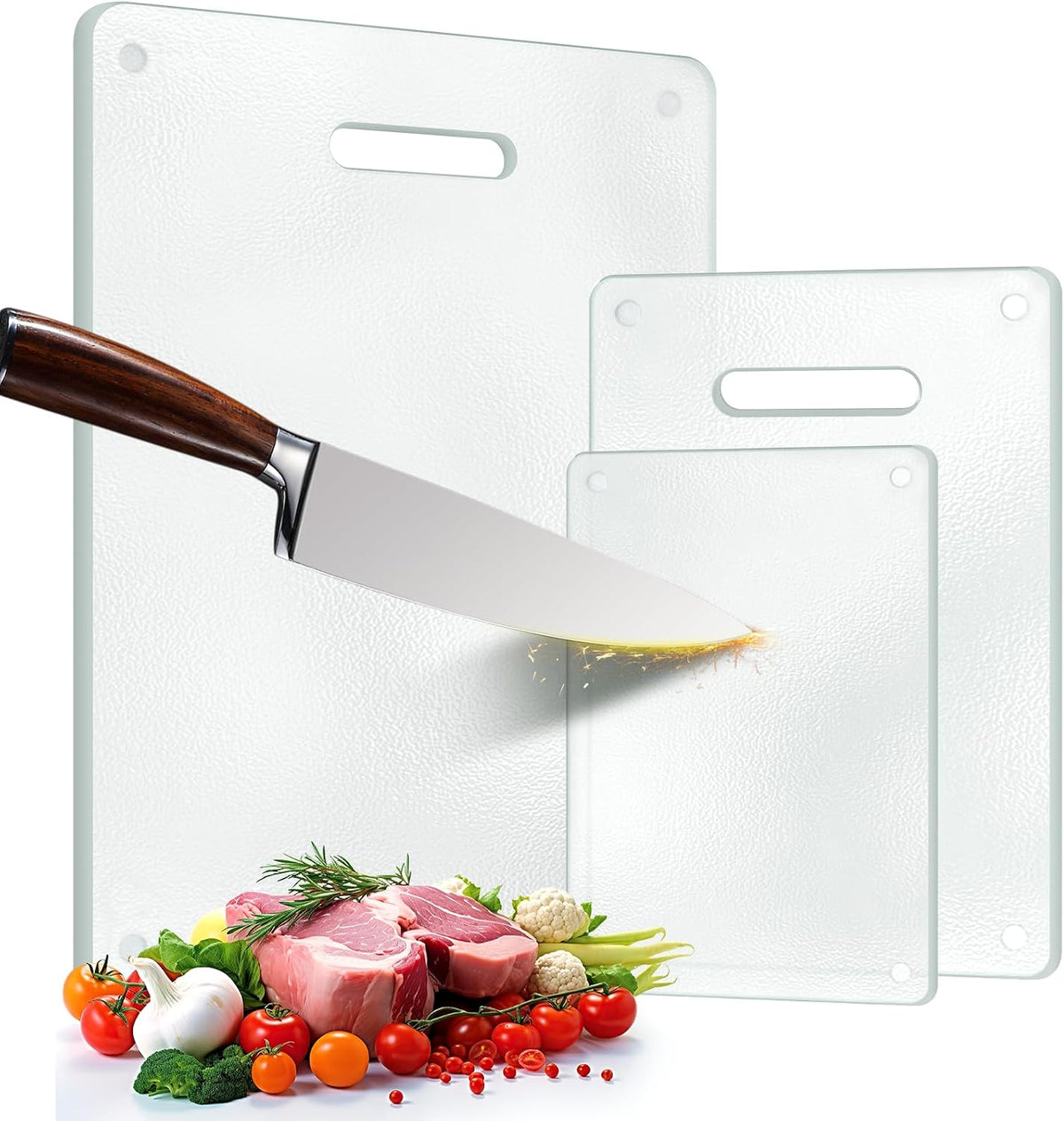 Tempered Glass Cutting Board for Kitchen, 2PCS Clear Chopping Board with Handle (16"x12" & 12"x8"), Plastic Free, Scratch Resistant, Heat Resistant, Dishwasher Safe, Non-toxic, Easy to Clean