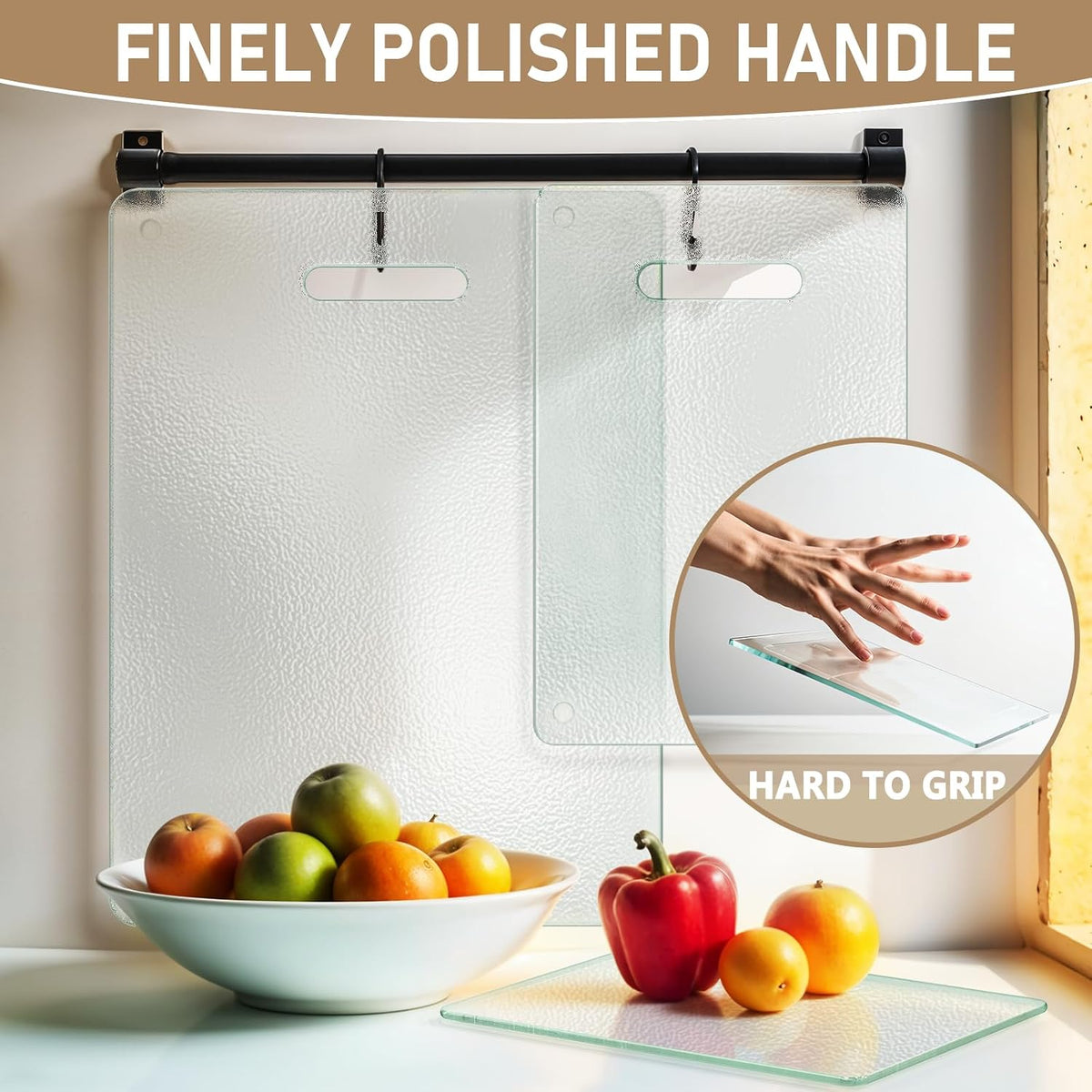Tempered Glass Cutting Board for Kitchen, 2PCS Clear Chopping Board with Handle (16"x12" & 12"x8"), Plastic Free, Scratch Resistant, Heat Resistant, Dishwasher Safe, Non-toxic, Easy to Clean