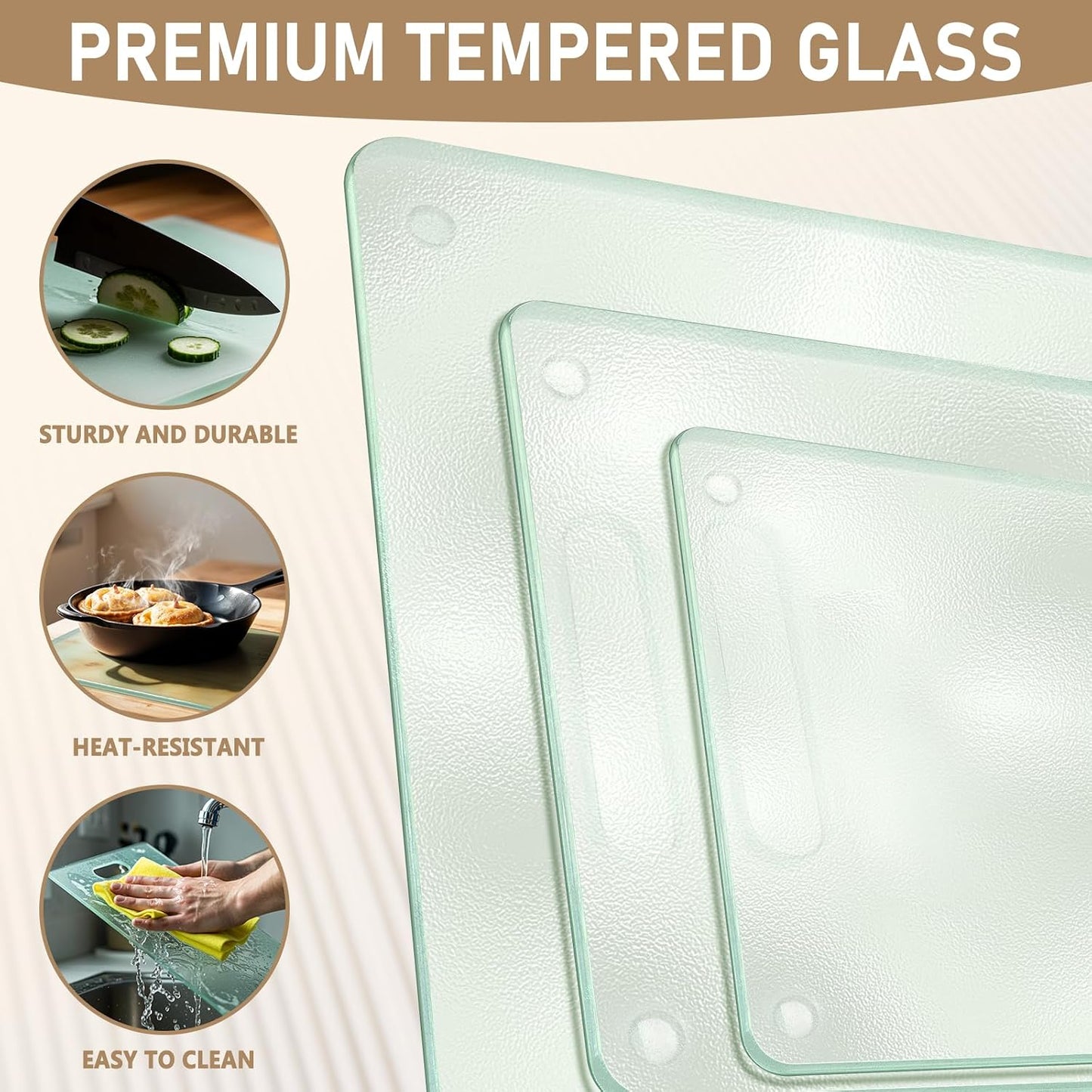 Tempered Glass Cutting Board for Kitchen, 2PCS Clear Chopping Board with Handle (16"x12" & 12"x8"), Plastic Free, Scratch Resistant, Heat Resistant, Dishwasher Safe, Non-toxic, Easy to Clean