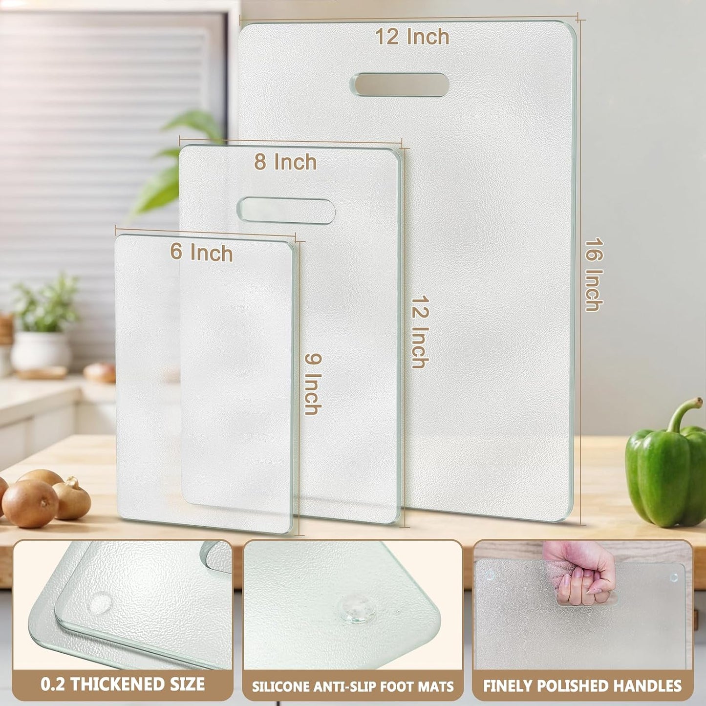 Tempered Glass Cutting Board for Kitchen, 2PCS Clear Chopping Board with Handle (16"x12" & 12"x8"), Plastic Free, Scratch Resistant, Heat Resistant, Dishwasher Safe, Non-toxic, Easy to Clean